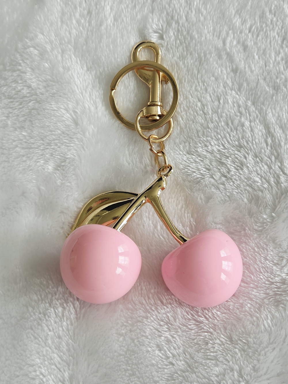 Gold & Bubblegum Pink Cherry Keychain Bag Charm - Candy Pink Cherries Bag Charm